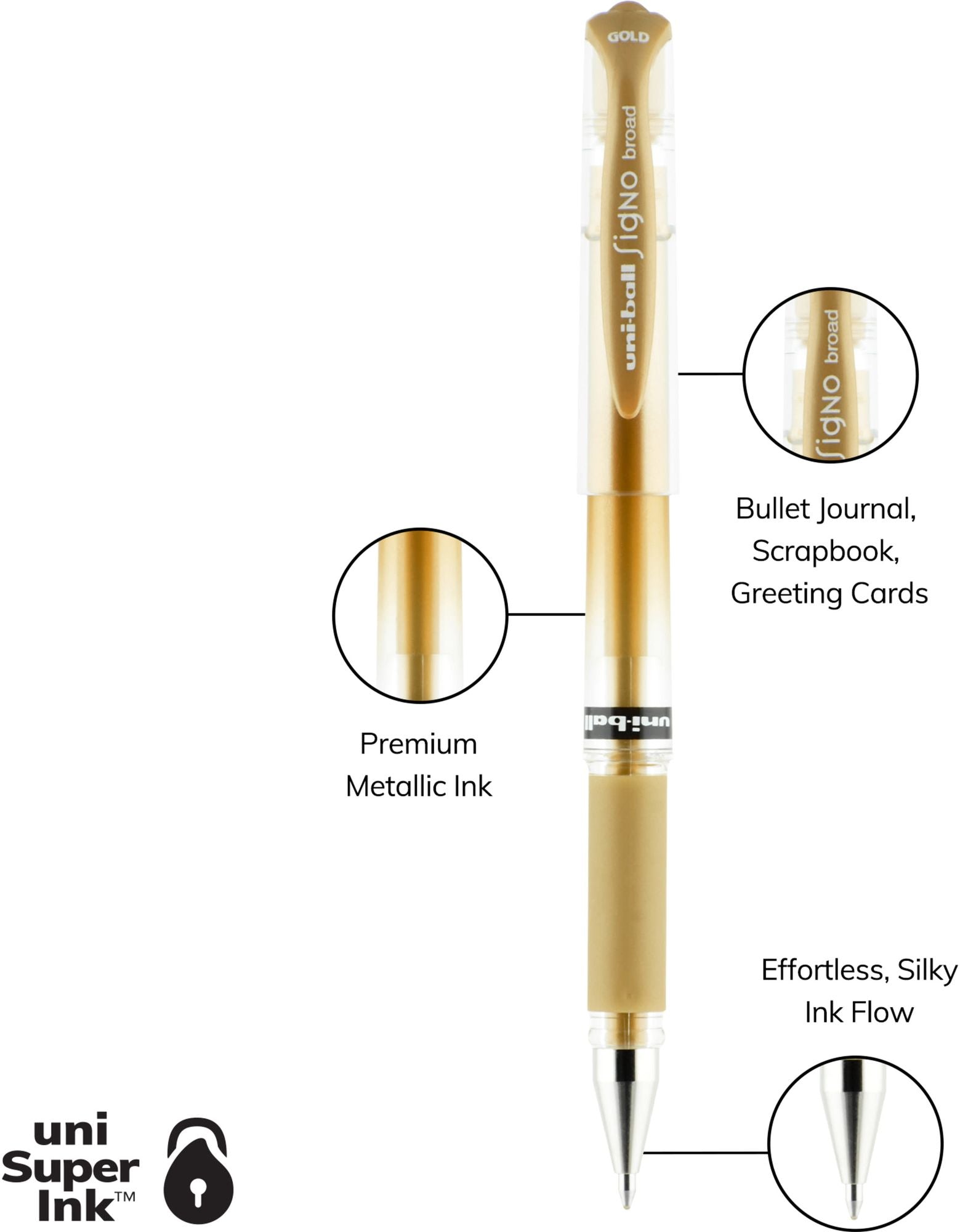 uniball Signo Gel Impact Pens. Bold Point (1.0mm). Assorted Metallic. 3 Pack (Gold. Silver. White) - Image 7