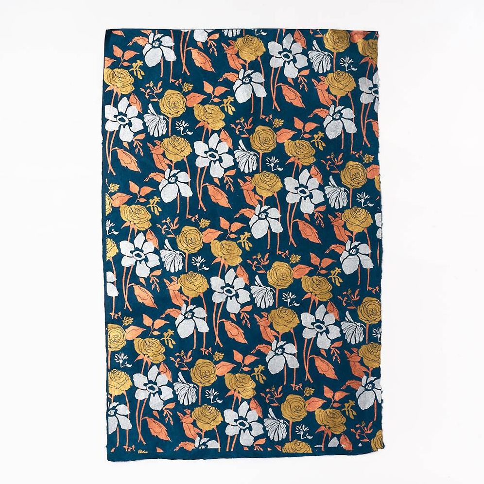 Mixed Metallic Floral on Teal Handmade Paper - Image 2
