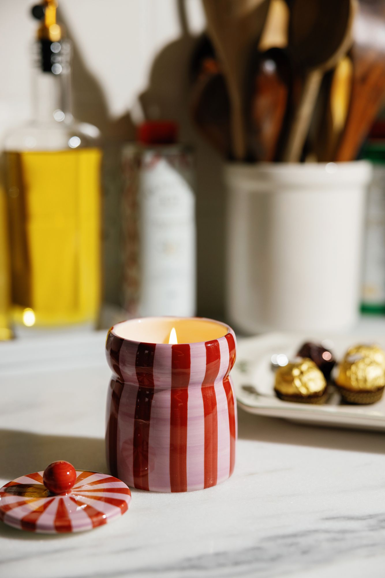 Pink Peppermint Cabana Striped Ceramic Candle - Image 4