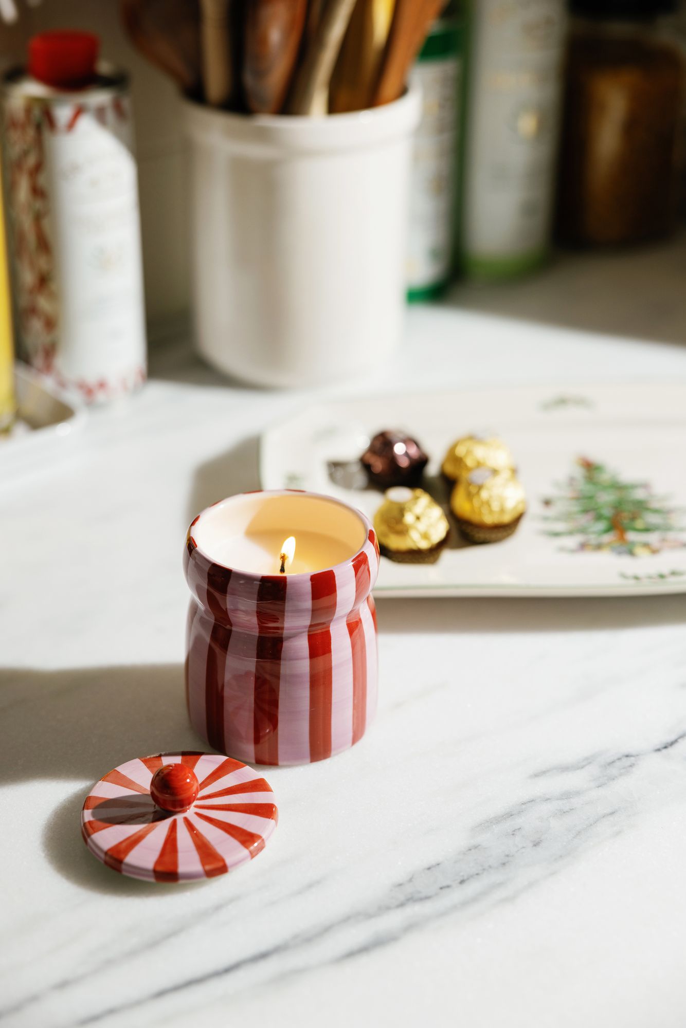 Pink Peppermint Cabana Striped Ceramic Candle - Image 5