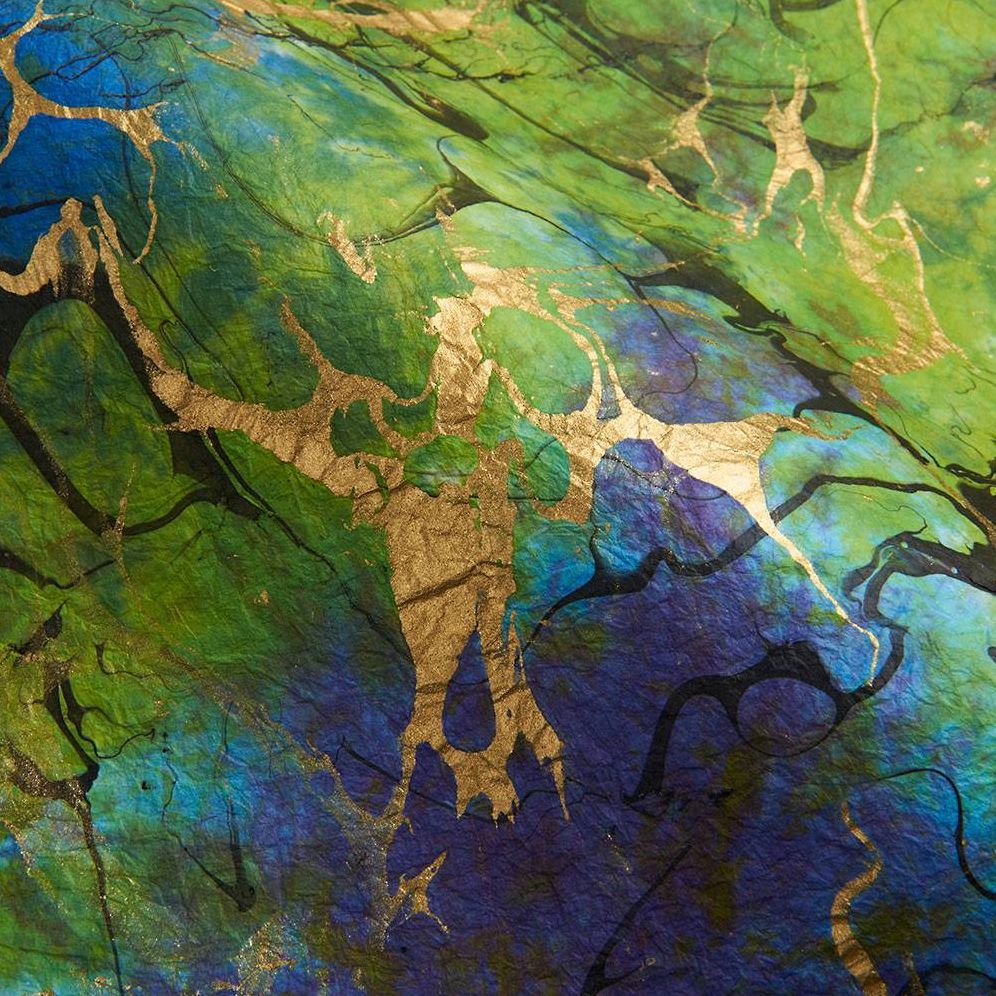 Green with Blue and Gold Marbling Handmade Paper - Image 2