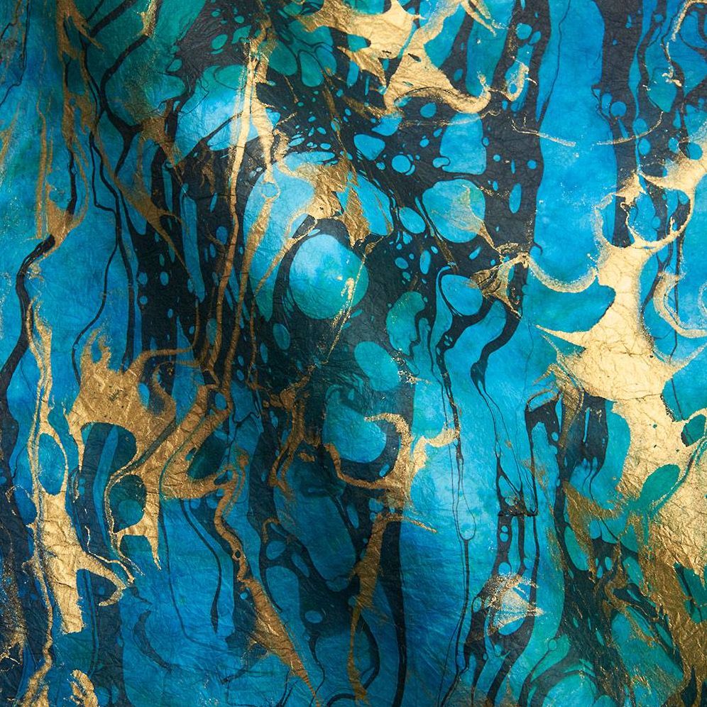 Blue with Gold and Black Marbling Waves Handmade Paper - Image 2