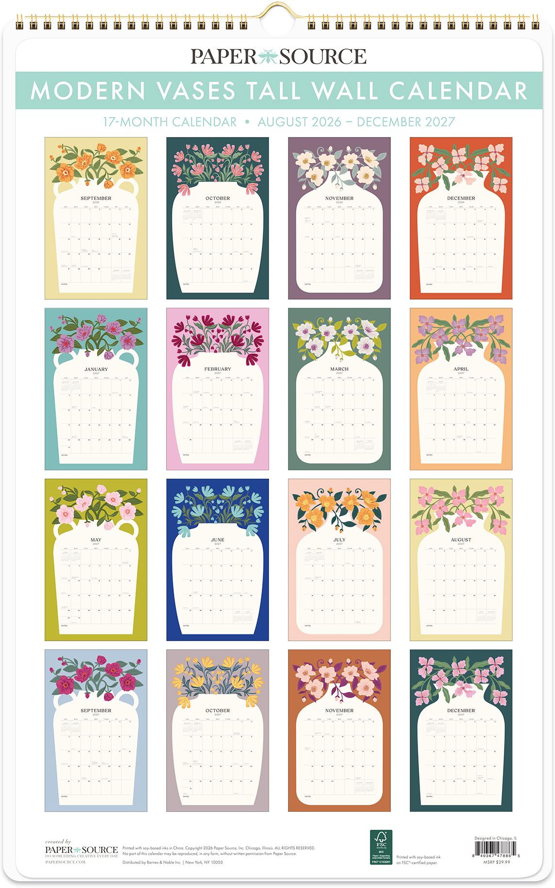2026-2027 Paper Source Modern Vases Tall Wall Calendar - Image 4