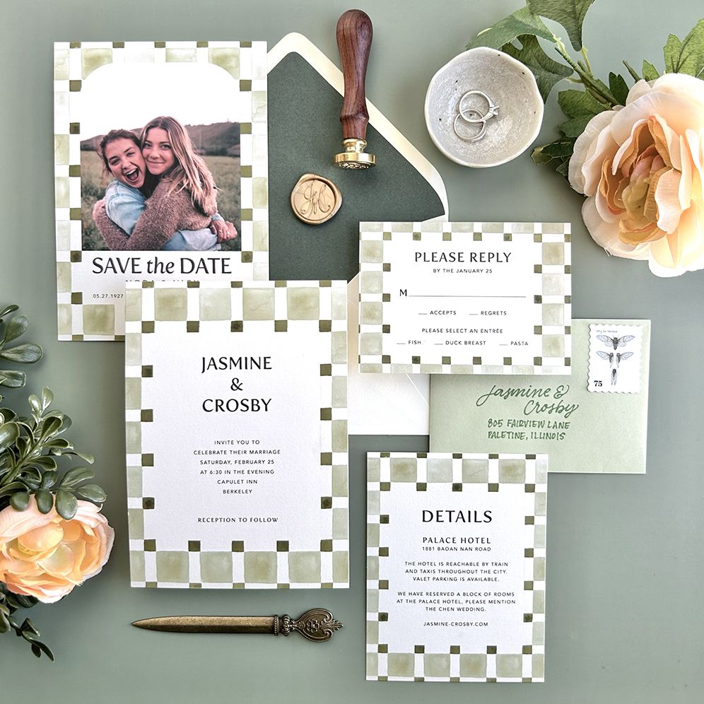 Organic Check Green Wedding Invitation - Image 2