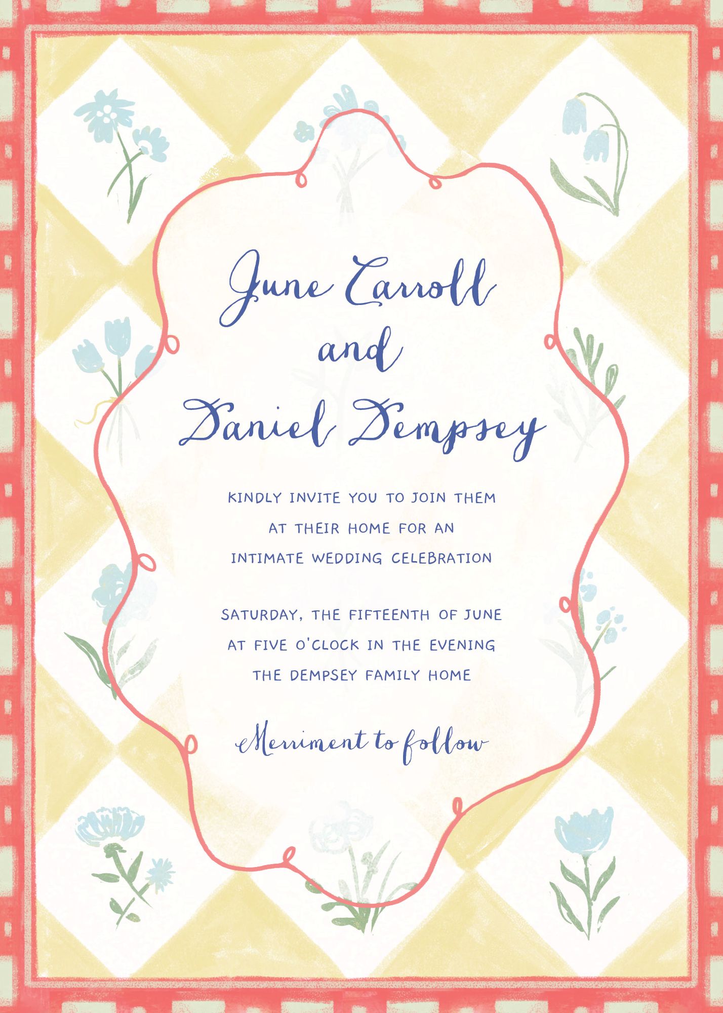 Patchwork in Green and Blue Wedding Invitation - Image 2