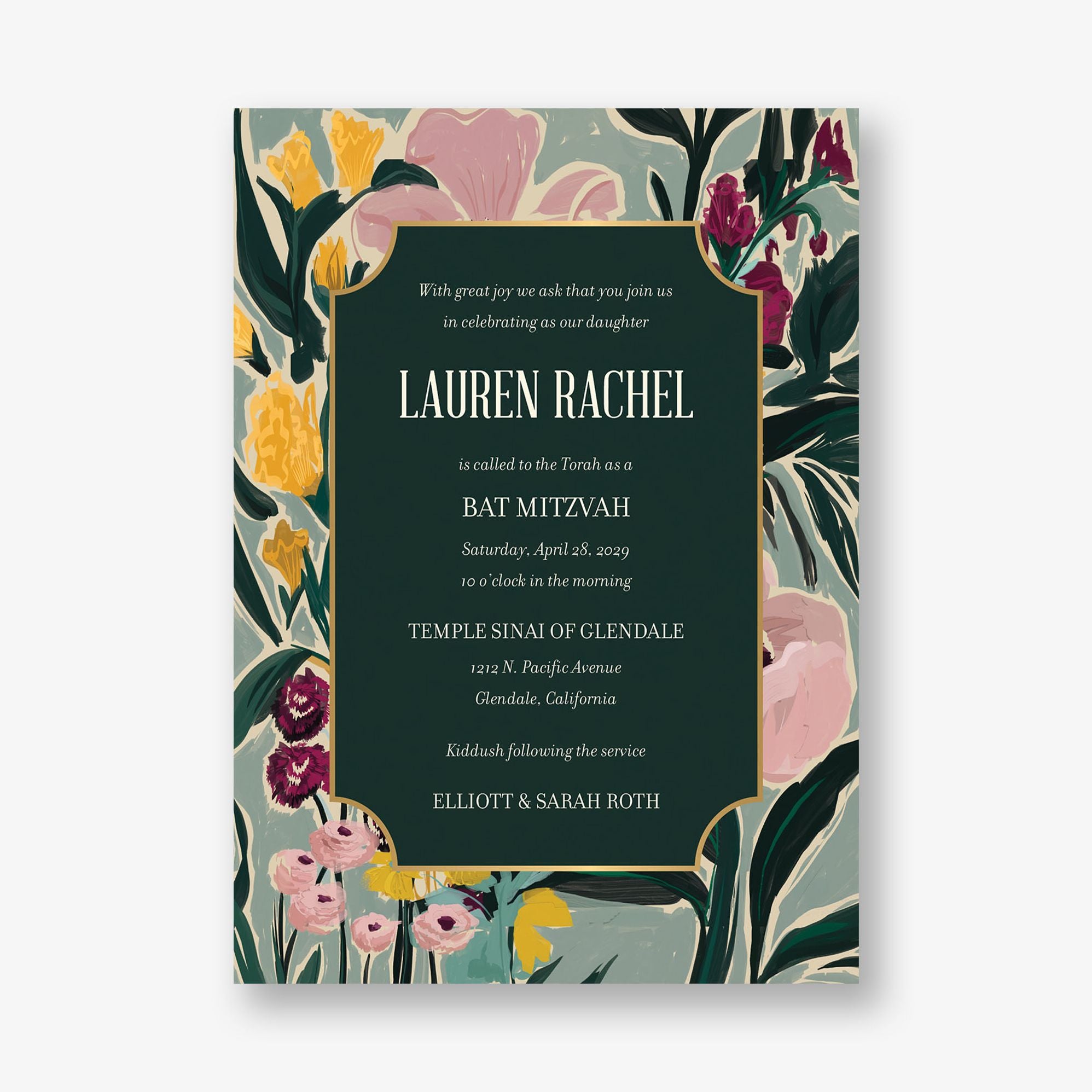 Moody Florals Foil Bat Mitzvah Invitation