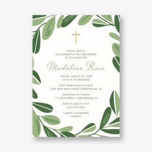 Greenery Cross Foil Christening Invitation