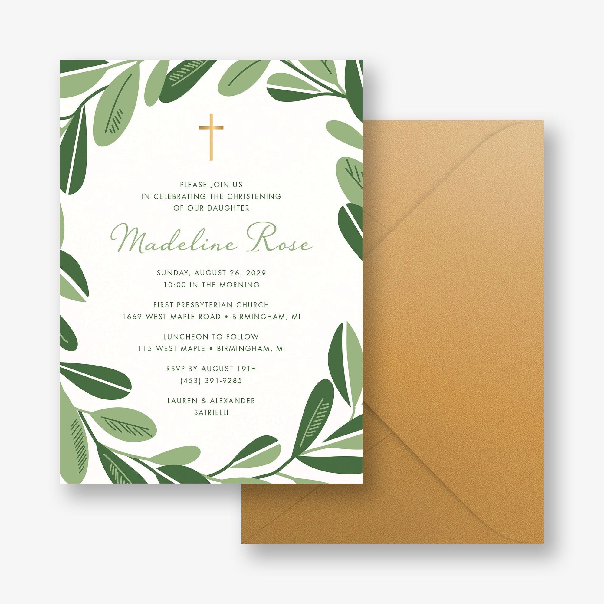 Greenery Cross Foil Christening Invitation - Image 5
