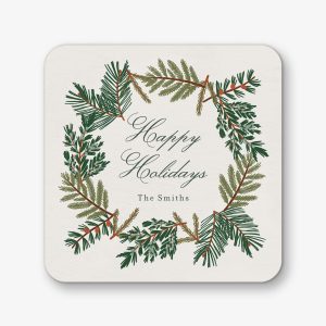 Pine Bough Wreath Square Custom Coasters