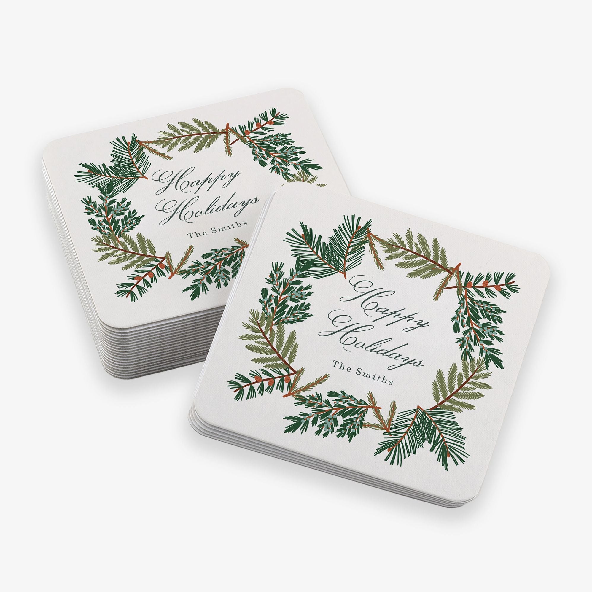 Pine Bough Wreath Square Custom Coasters - Image 2