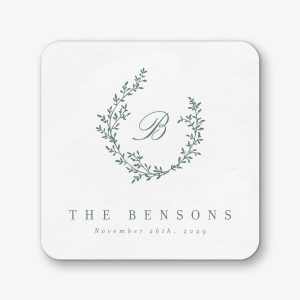Botanical Wreath Monogram Square Custom Coasters