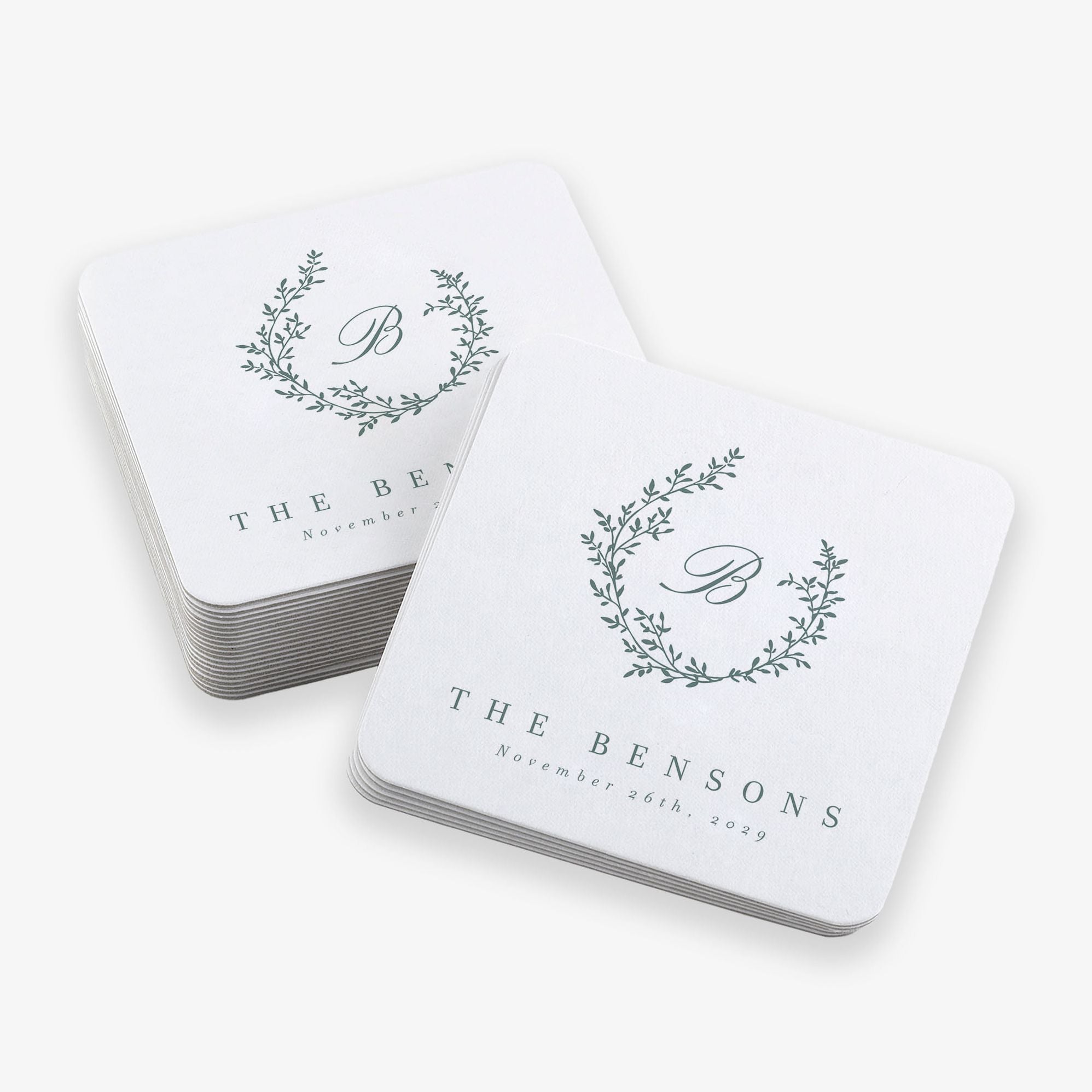Botanical Wreath Monogram Square Custom Coasters - Image 2