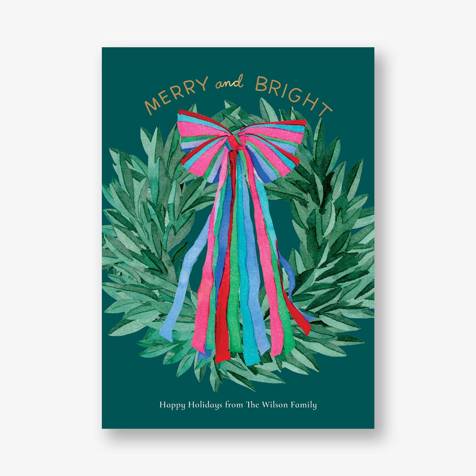Colorful Ribbon Wreath Foil Holiday Photo Card - Image 2