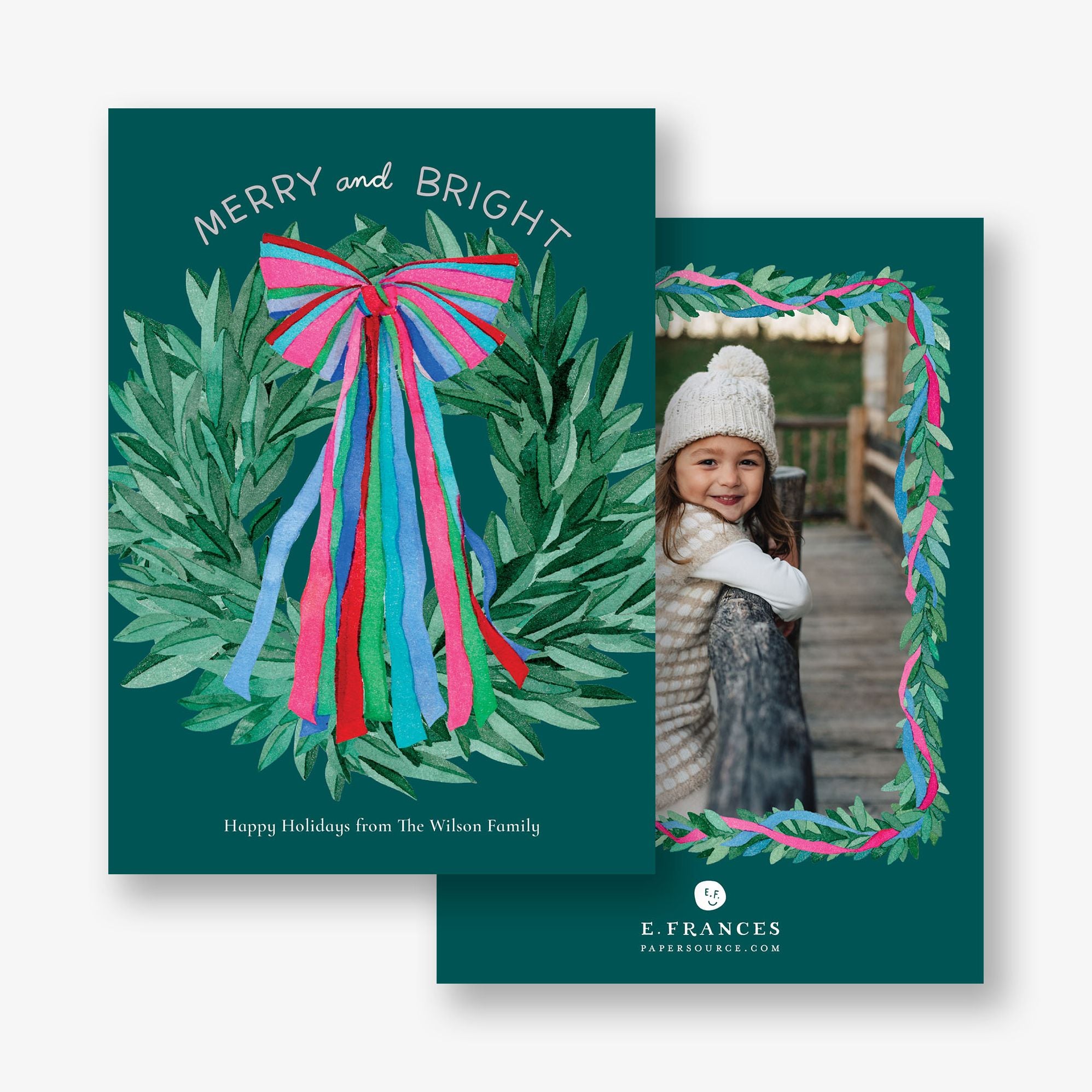 Colorful Ribbon Wreath Foil Holiday Photo Card - Image 3