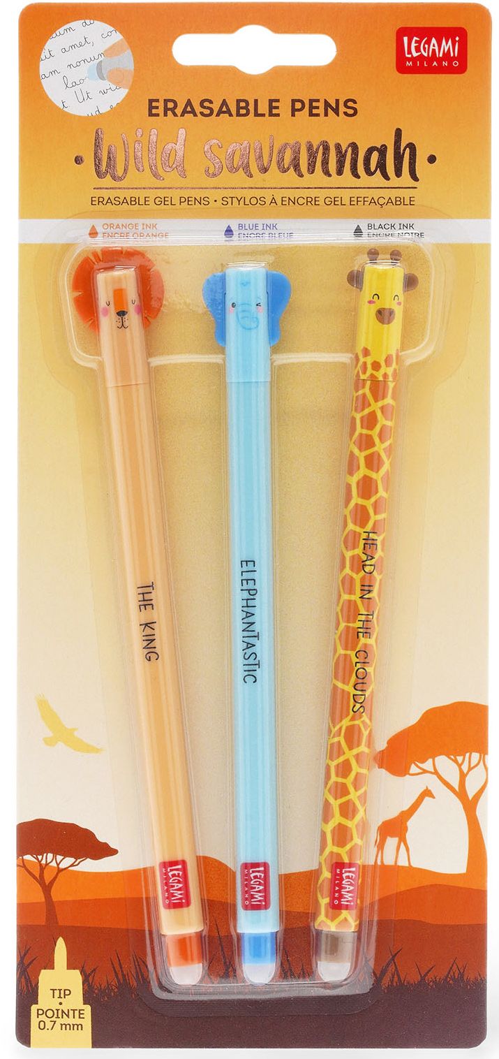 Legami Set Of 3 Erasable Gel Pens - Wild Savannah - Lion + Elephant + Giraffe - Image 2